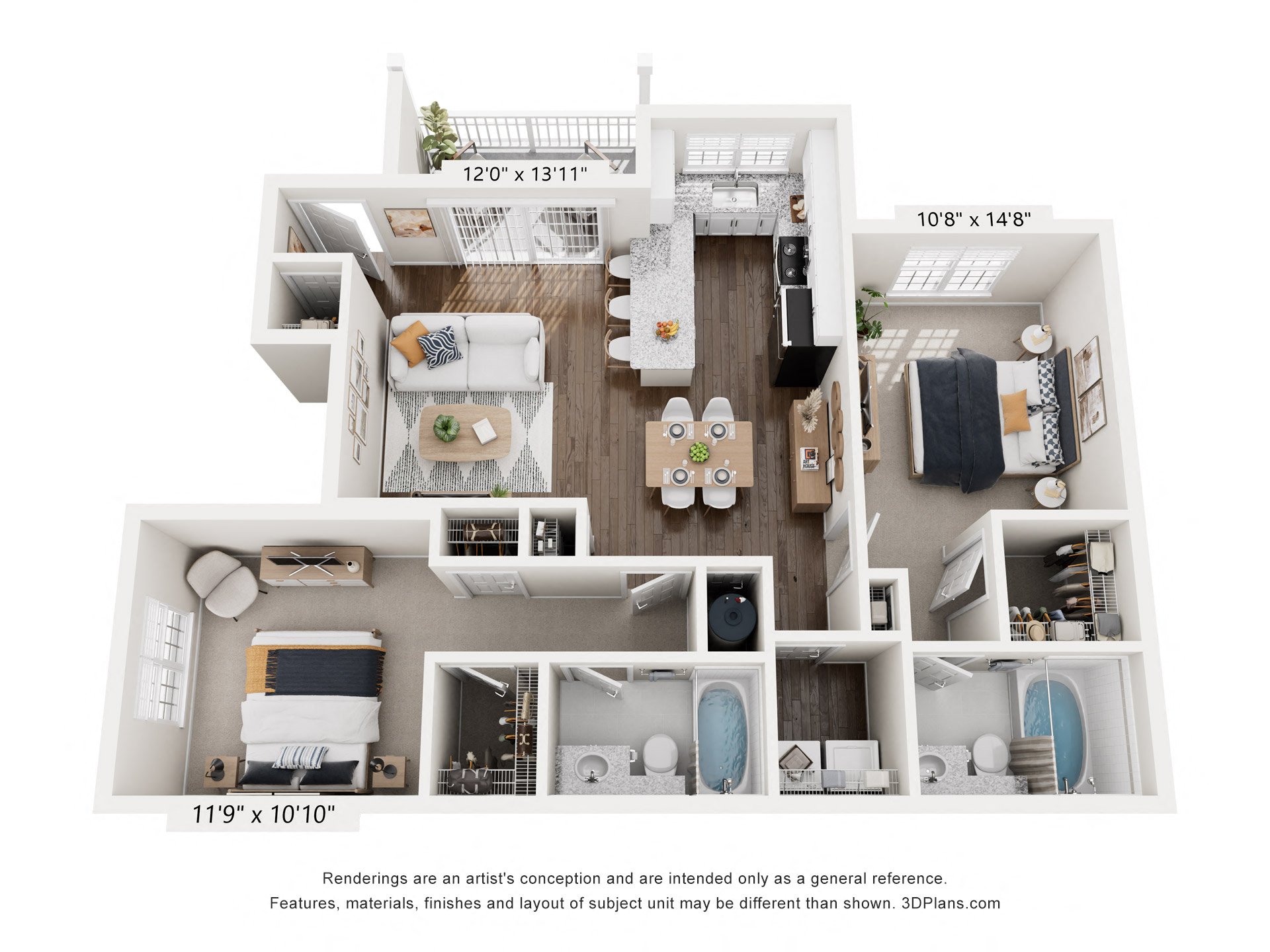 Floor plan for 2 beds, 2 baths, 1093 sqft
